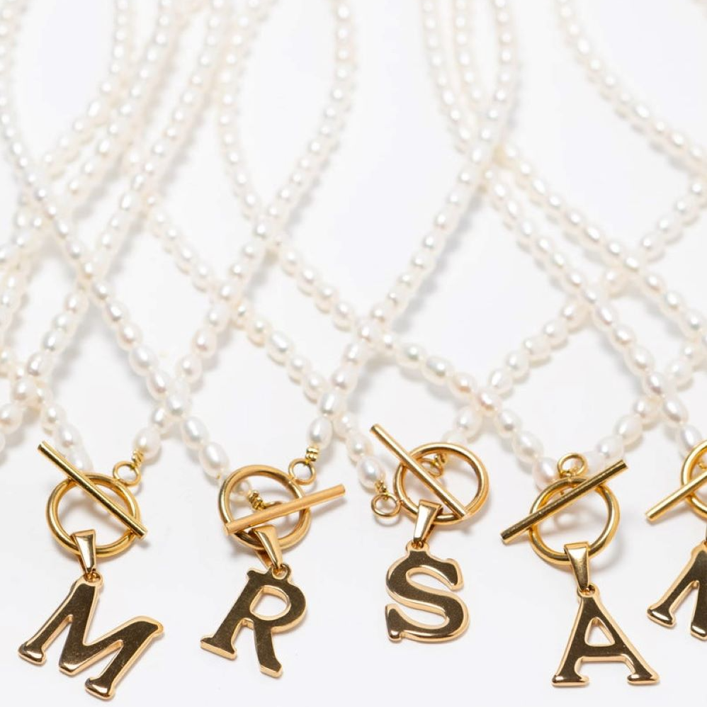 White Smoke Pearl Initial Necklace